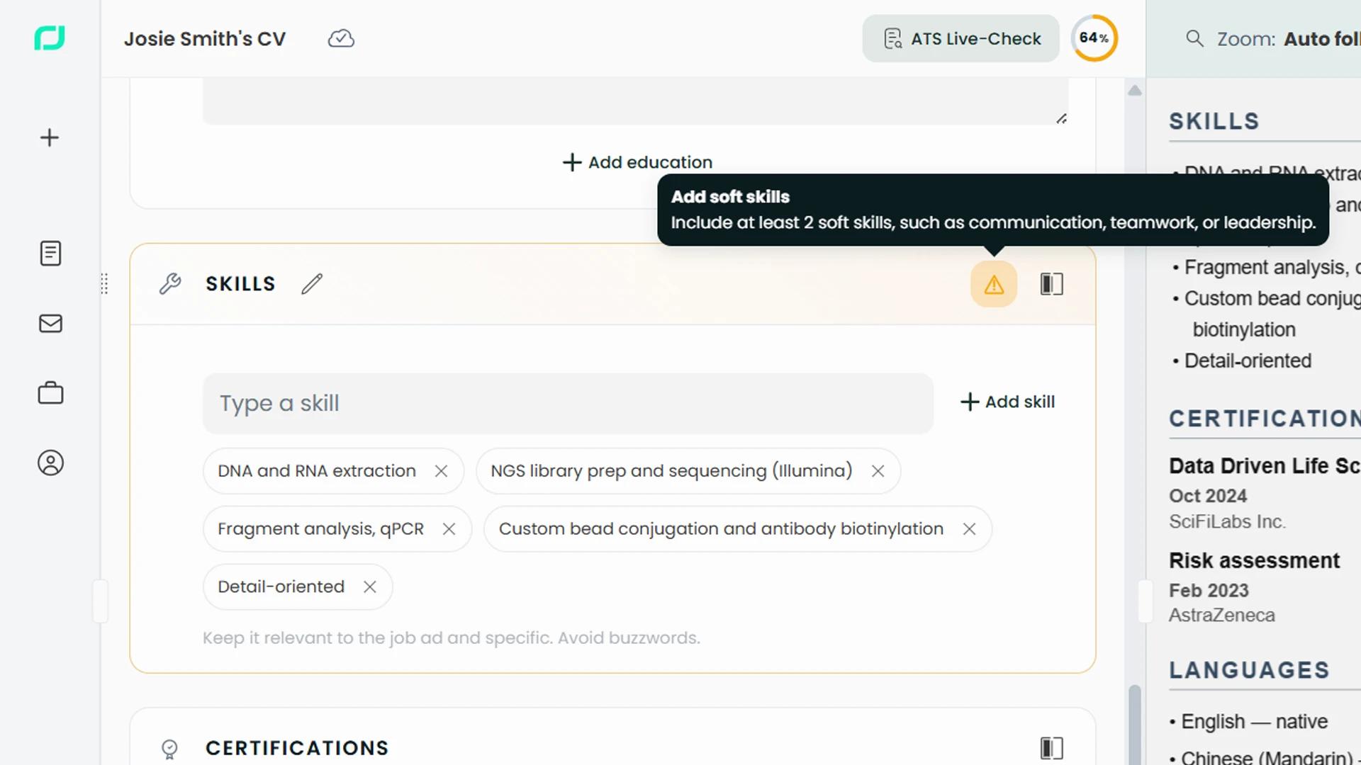 ATS Live Check showing colour-coded issues in the resume editor