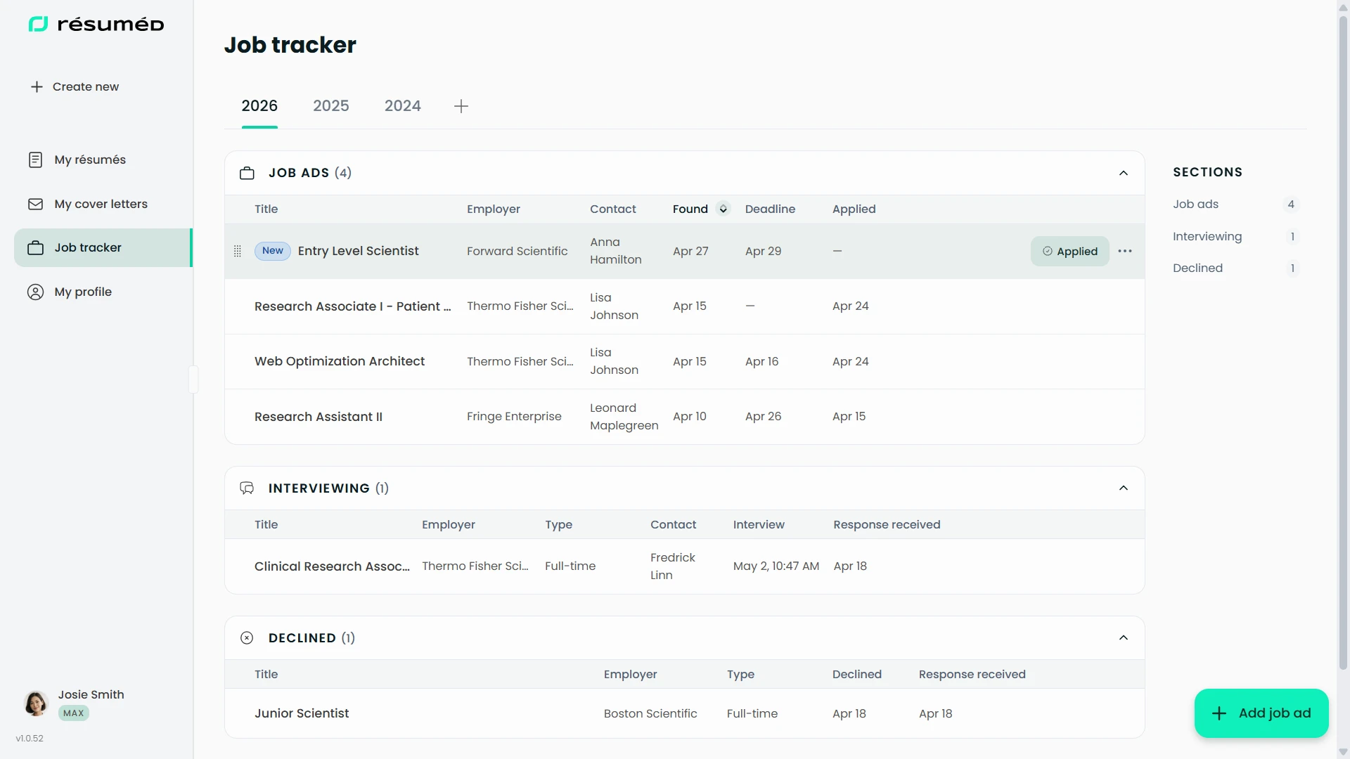 Job Tracker overview showing lists, job ads, interview section, and declined jobs
